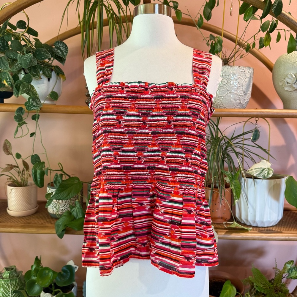 LOFT Red Pink Striped Smocked Sleeveless Top Size Large - Picture 7 of 9